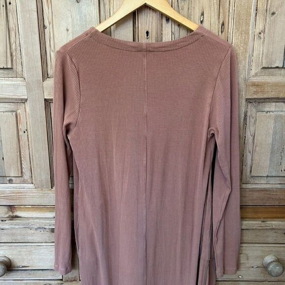 Senita Small‎ Tan Brown Cardigan Duster Ribbed Sweater Pockets Open Front - Picture 10 of 11